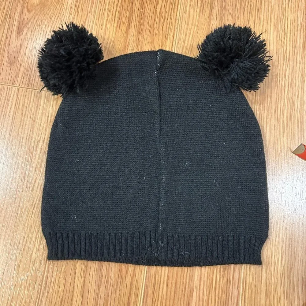 Cute Kitten Cat Face Black White Pompom Beanie - Picture 2 of 3